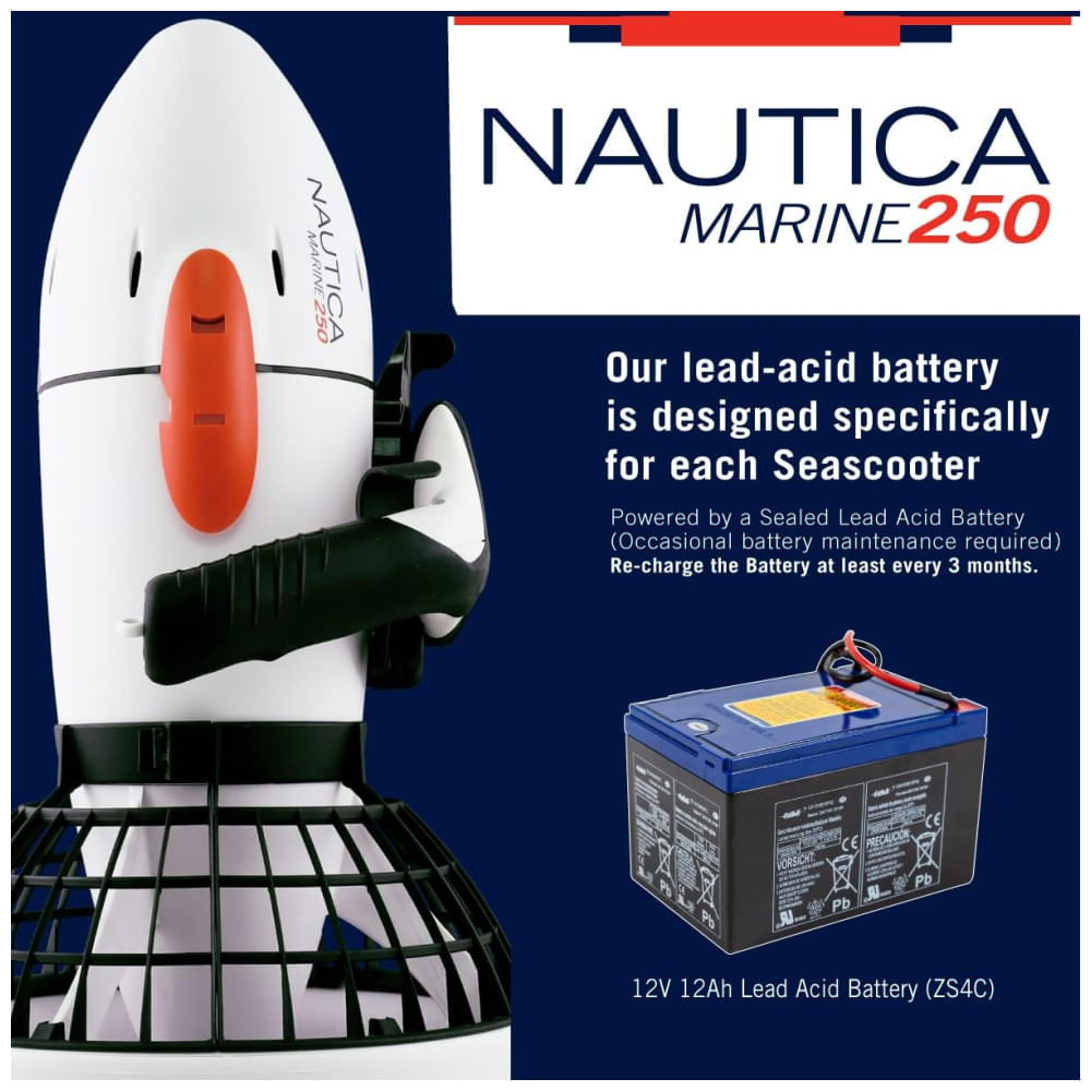 Miniatura Scooter Subaquática Propulsor de Mergulho com Suporte de Câmera e Snorkel, Náutica Marine 250, Branco