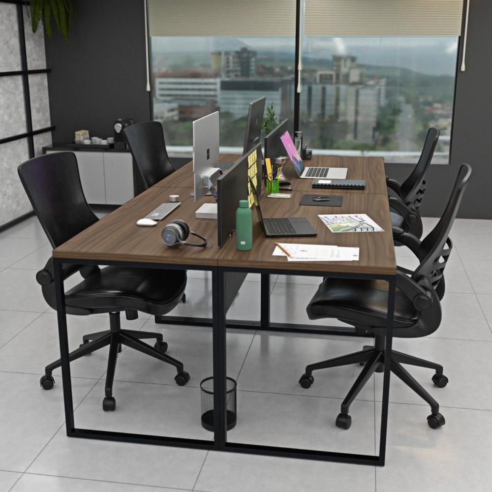 Miniatura Estação de Trabalho Mesa Plataforma Industrial 4 Lugares Office Nogal / Preto