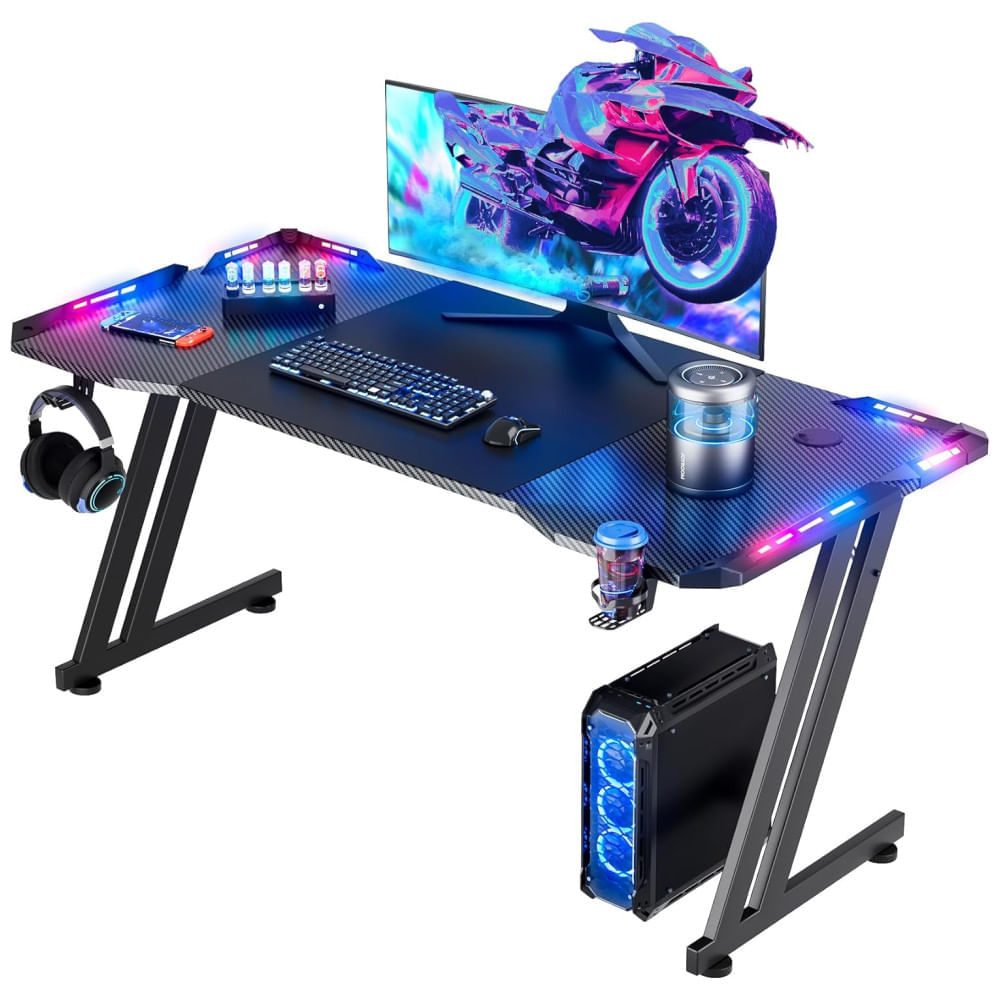 Miniatura Mesa Gamer Ergonômica 55" 139 cm com Superfície de Fibra de Carbono, Gancho para Fone de Ouvido, Luz LED e Porta-Copos, 110V, HLDIRECT MLHD14, Preto 110v