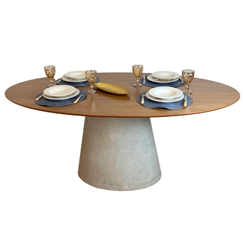 Miniatura Mesa De Jantar Cone Oval 198x122 Cm Tampo Freijó Base Concreto Cor Cinza Claro