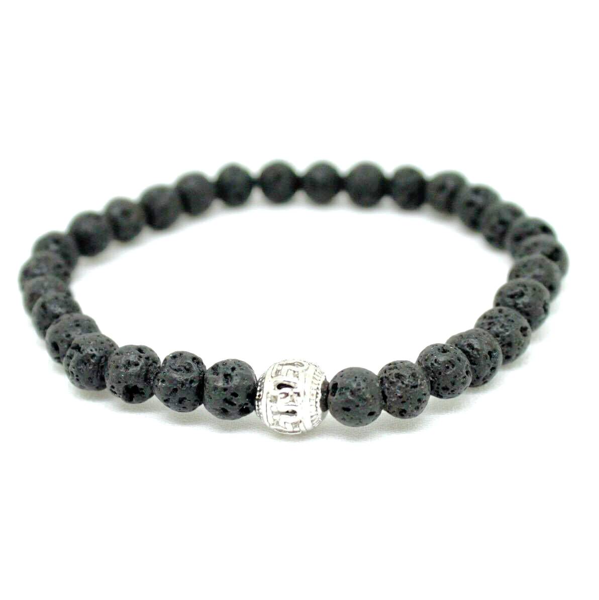Miniatura Pulseira Masculina Pedra Vulcânica 6mm Banho Ouro Branco P