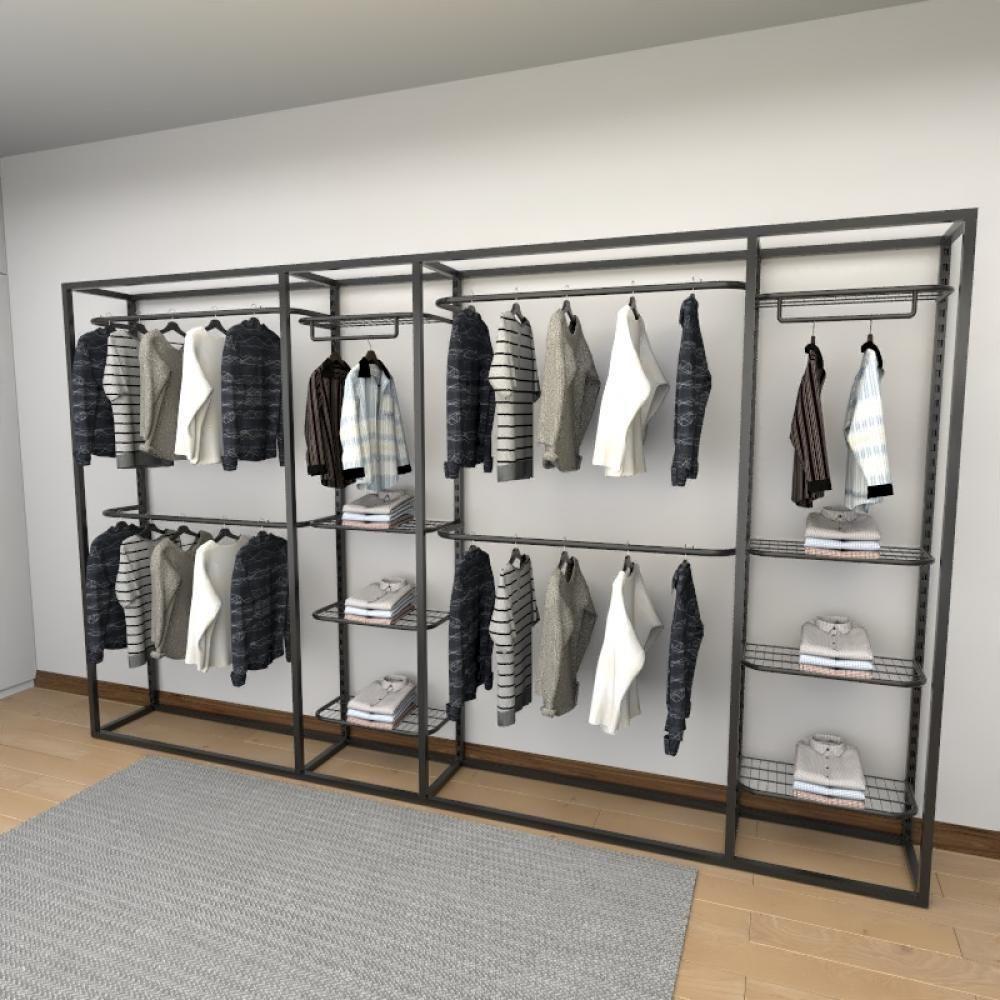 Miniatura Closet Araras, Guarda Roupas Aberto Industrial Com 16 Peças Preto Fdprp521