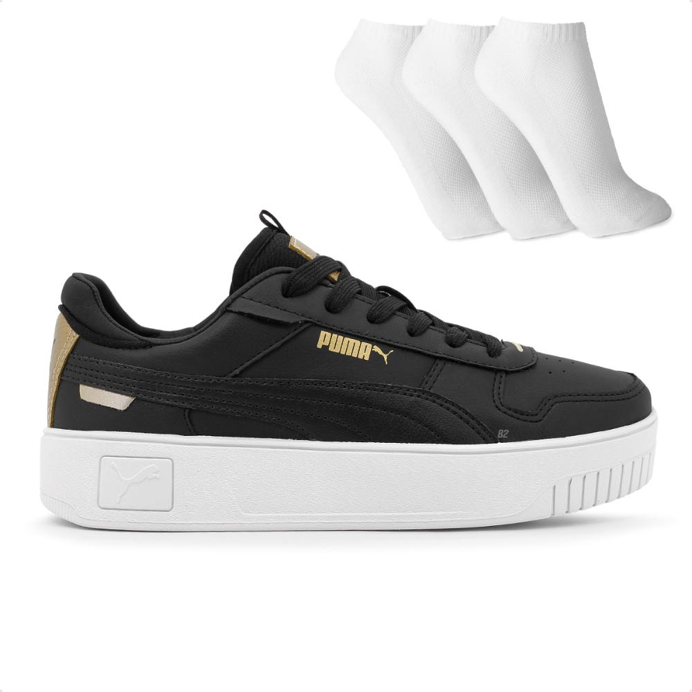 Miniatura Tênis Puma Carina Street BDP Feminino + 3 Pares de Meias Preto / Dourado - 34
