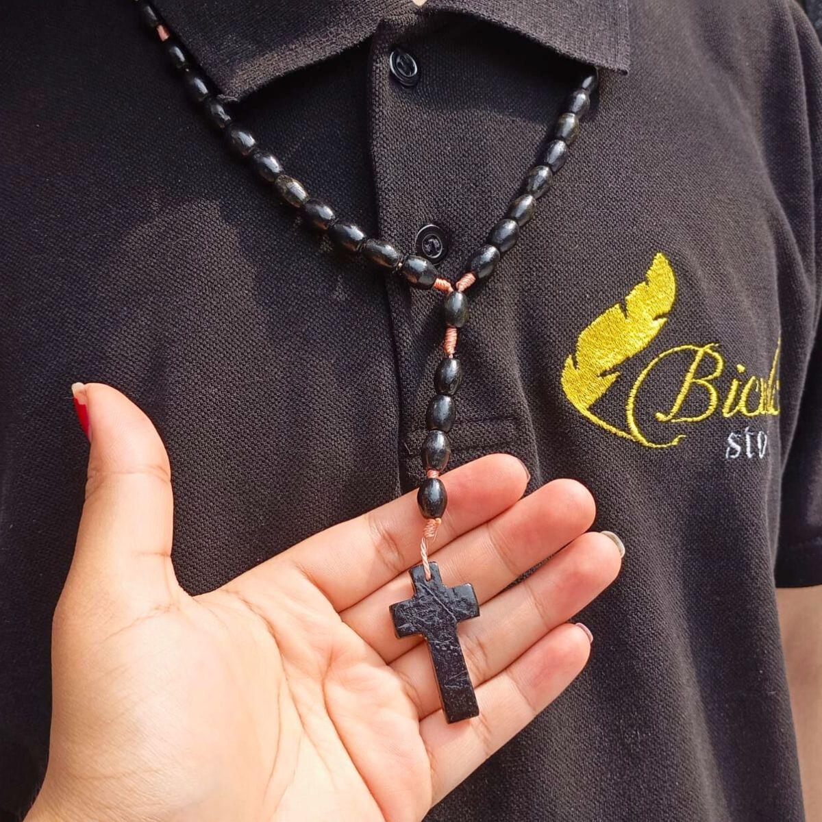 Miniatura Terço De Madeira Imbuia Longo Preto Católico Jesus Exclusivo