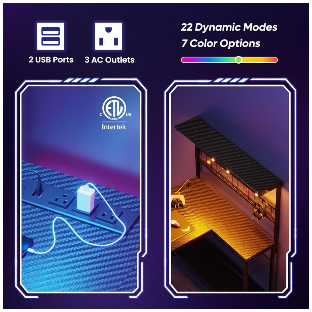 Mesa Gamer de Fibra de Carbono, 42" 106 cm com Gancho para Fone de Ouvido, Luz LED, Porta-Copos, Tomadas, Mesa de Canto Reversível e Prateleiras, 110v