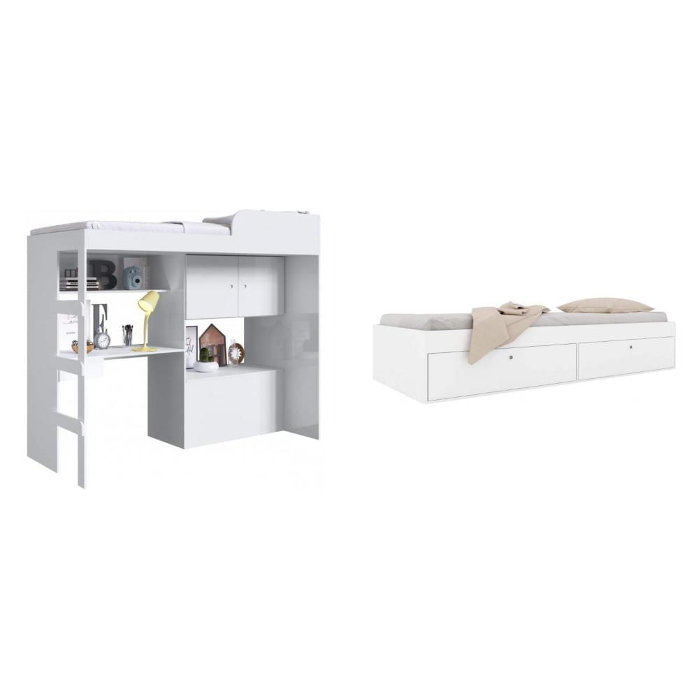 Miniatura Cama Solteiro Multifuncional com Baú e Escrivaninha Lion Art in Móveis Branco