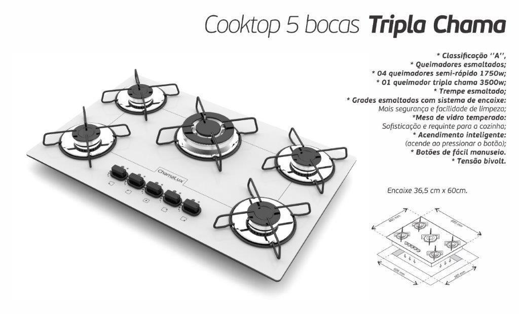 Miniatura Fogão Cooktop 5 Bocas Tripla Chama Bivolt Chamalux - Branco