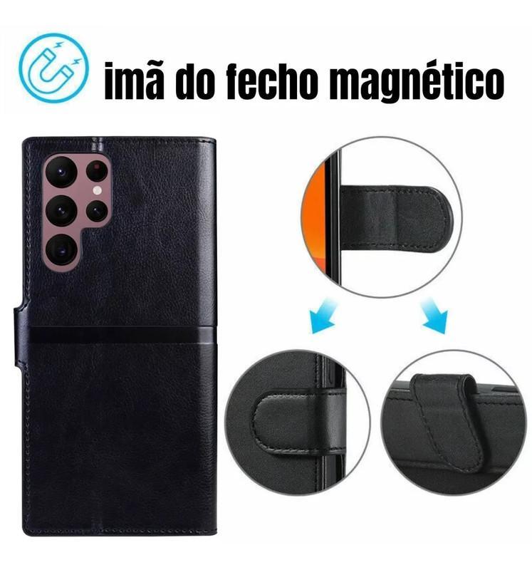 Miniatura Capa Capinha Carteira Couro + Película 3D Samsung S23 Ultra