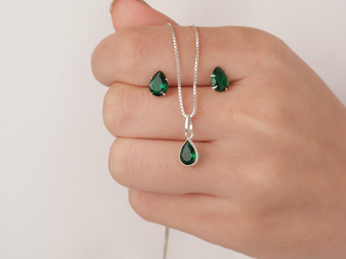 Conjunto Colar Brinco Prata 925 Legítima Pedra Azul, Verde