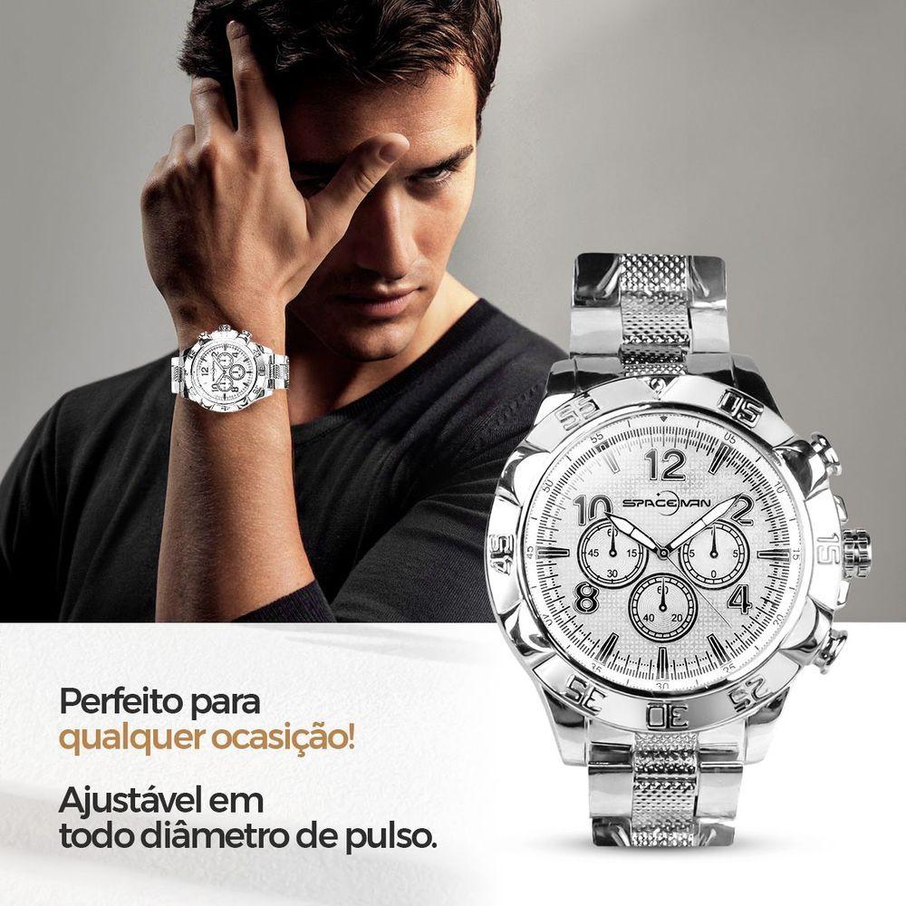 Kit Relógio e Acessórios Orizom Spaceman em Aço Inoxidável Prata com Cordão e Pulseira Masculino