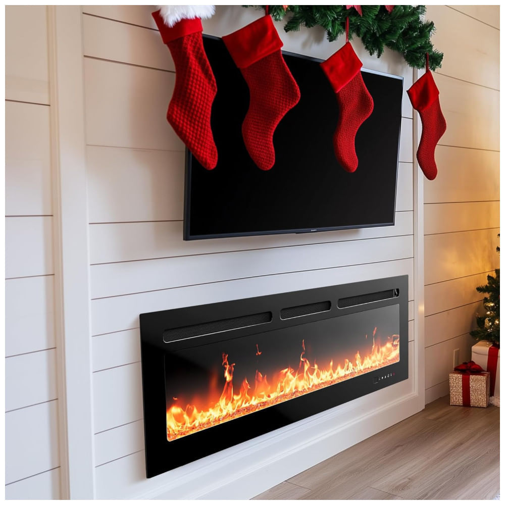Miniatura Lareira Elétrica Silonn 127 cm com Controle Remoto por App, 5300 BTUs, Design Ultrafino, Instalação na Parede ou Embutida, Temporizador e 20