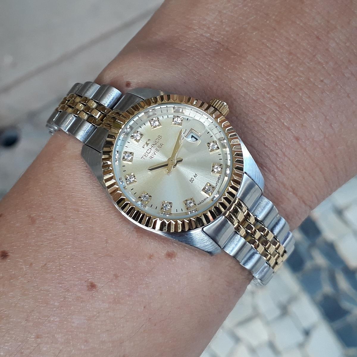 Miniatura Relogio Technos Feminino Bicolor Prata E Dourado 2015Cem/1X