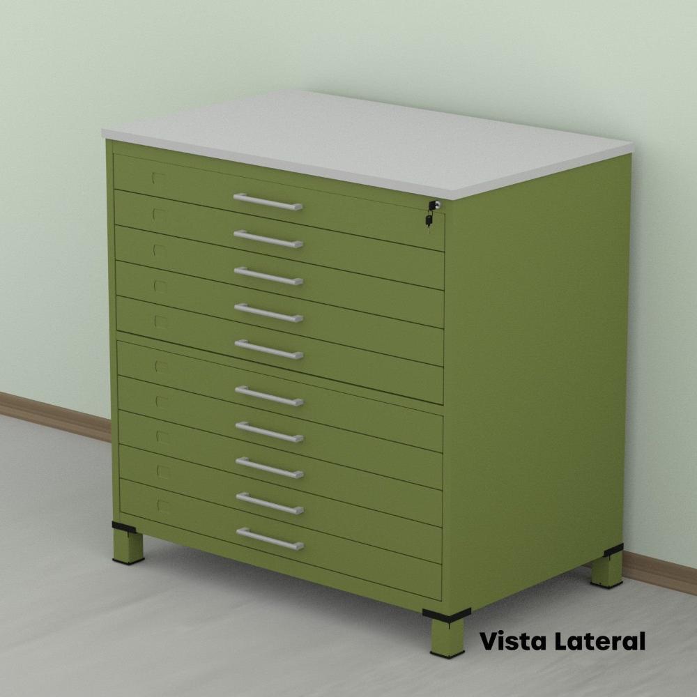Gaveteiro Mapoteca para Escritório de Aço Fixa com 10 Gavetas Industrial Verde/Cinza
