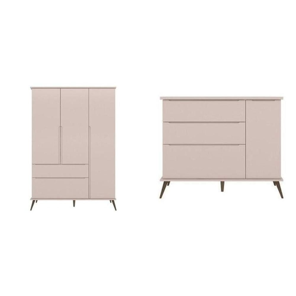 Miniatura Conjunto Quarto Infantil com Guarda-roupa 3 Portas e Cômoda com Sapateira Melinda 100% Mdf Rosa
