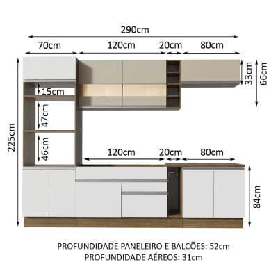 Cozinha Completa Madesa Vicenza com Armário e Balcão Rustic/Branco/Crema Cor:Rustic/Branco/Bronze
