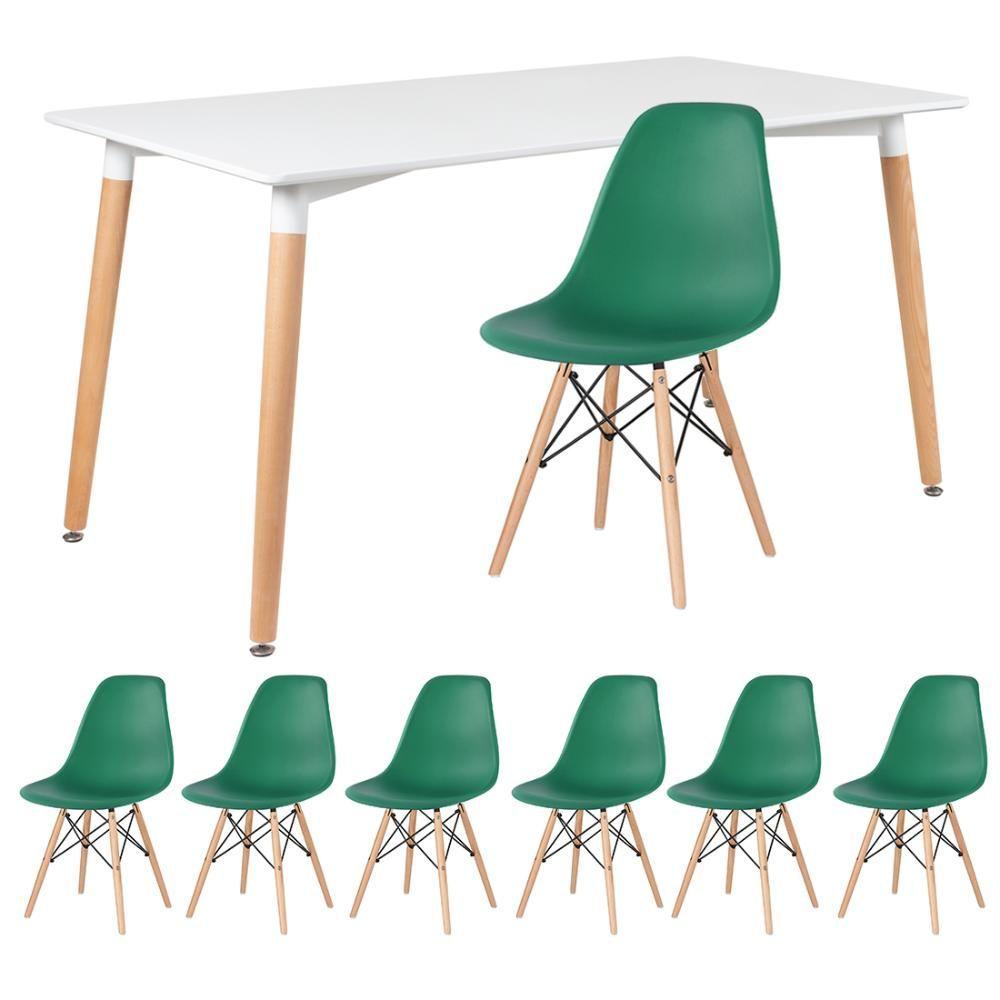 Miniatura Kit - Mesa Retangular Eames 80 X 140 Cm Branco + 6 Cadeiras Dsw Verde Escuro Mesa Branco Com Cadeiras Verde Escuro