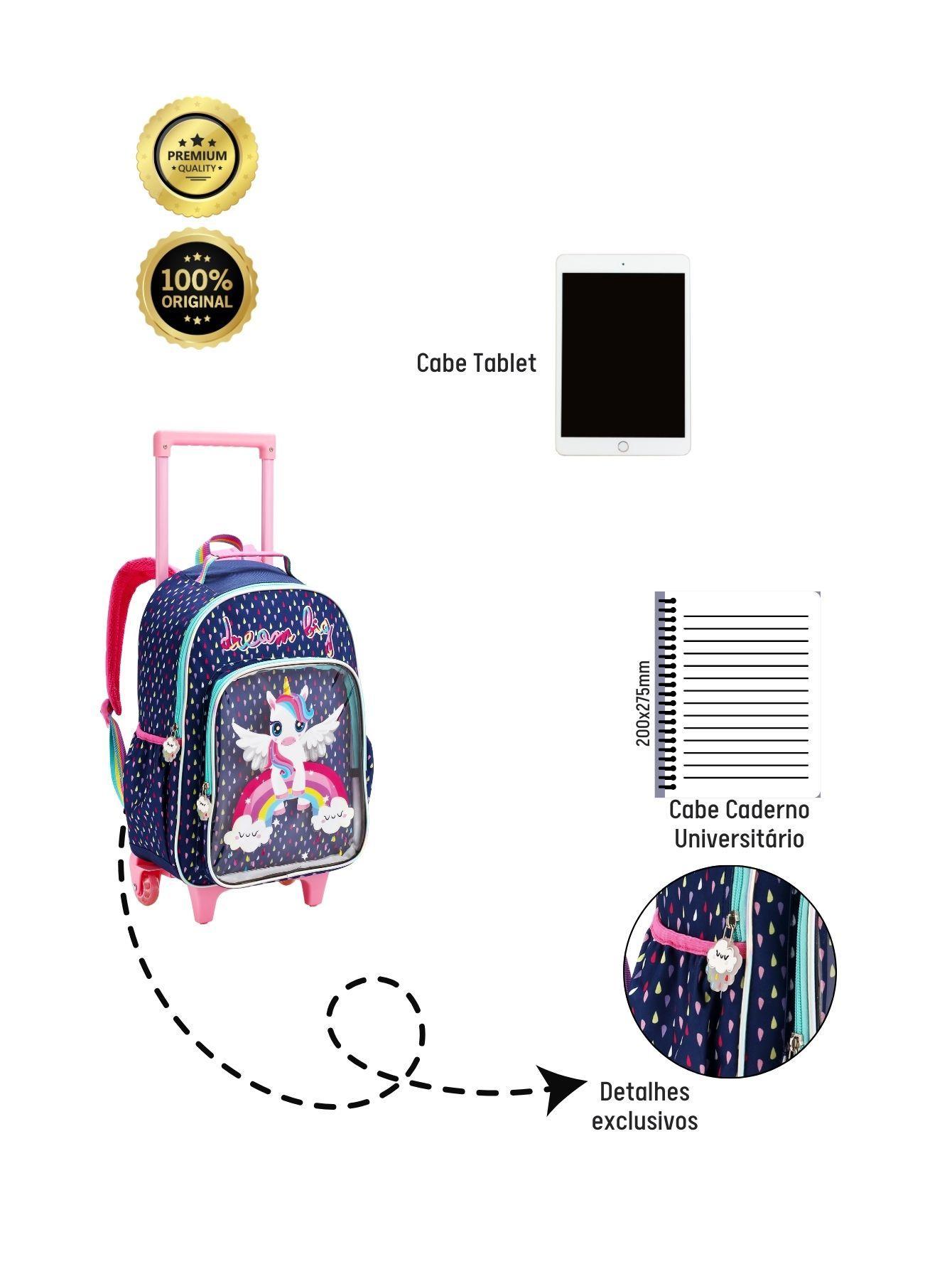 Miniatura Kit Escolar Mochila Rodas+Lancheira+Estojo Unicórnio - Azul