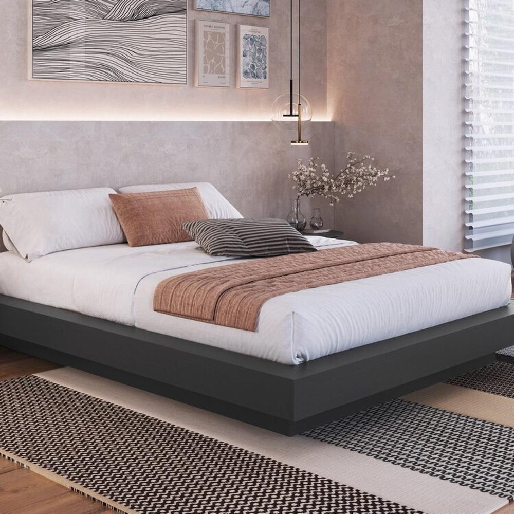 Cama Casal Queen Suspensa, Cabeceira e Mesas de Apoio 140/160 Zurique Grafite