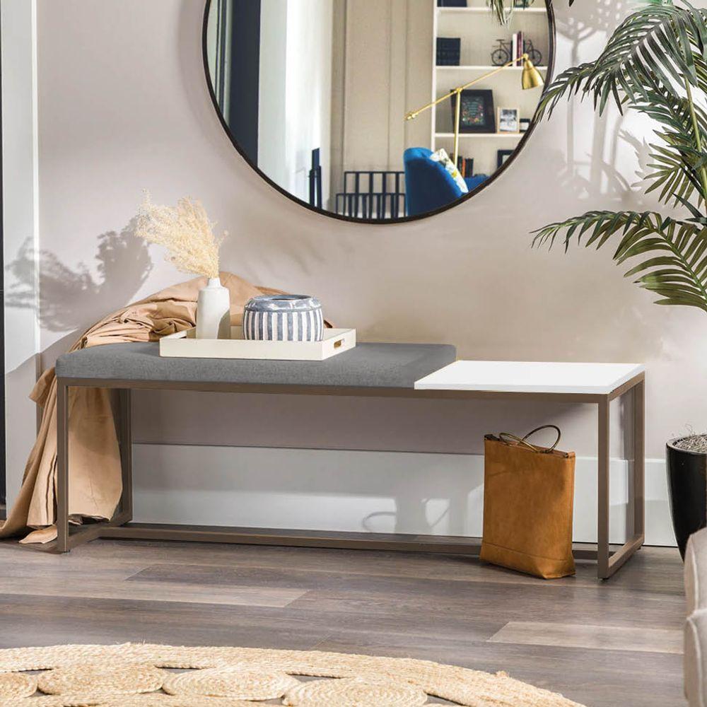 Miniatura Banco Recamier Puff 140cm Industrial Marrom Suede Cinza Tampo Quadrado Mdf Branco