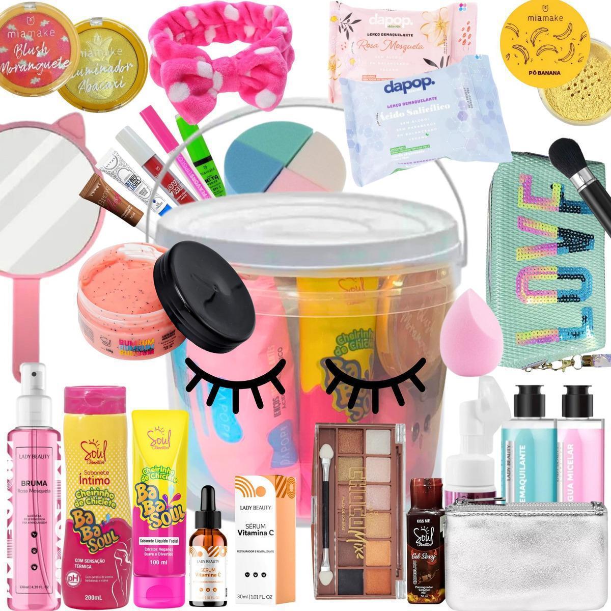 Miniatura Kit Balde De Maquiagem Batom Paleta De Sombras E Skin Care