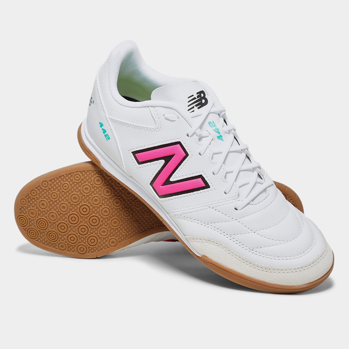 Miniatura Chuteira Futsal New Balance 442 V2 Team Unissex Branco+Rosa - 38