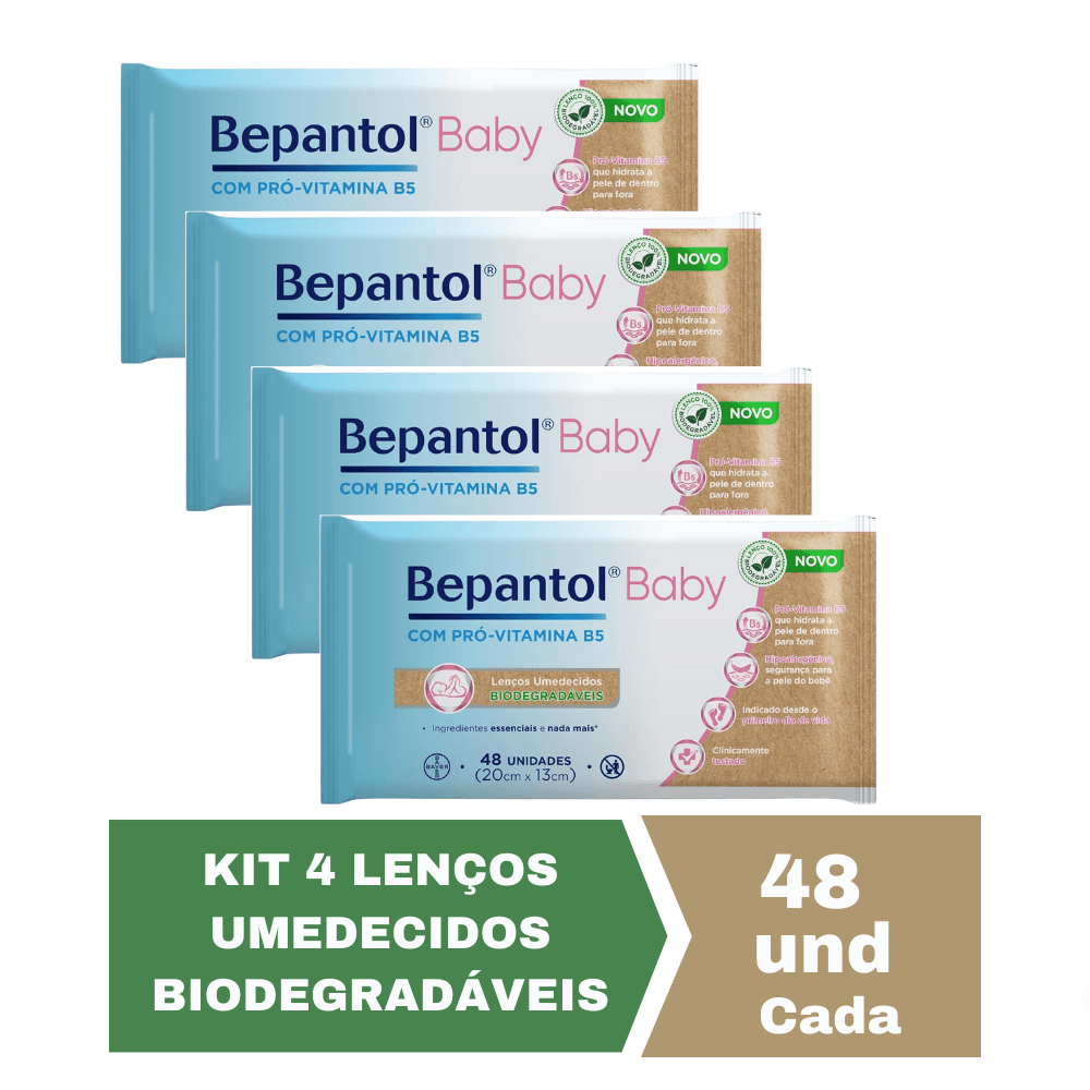 Miniatura Kit com 4 Lenços Umedecidos Biodegradável 48un Cada Bepantol