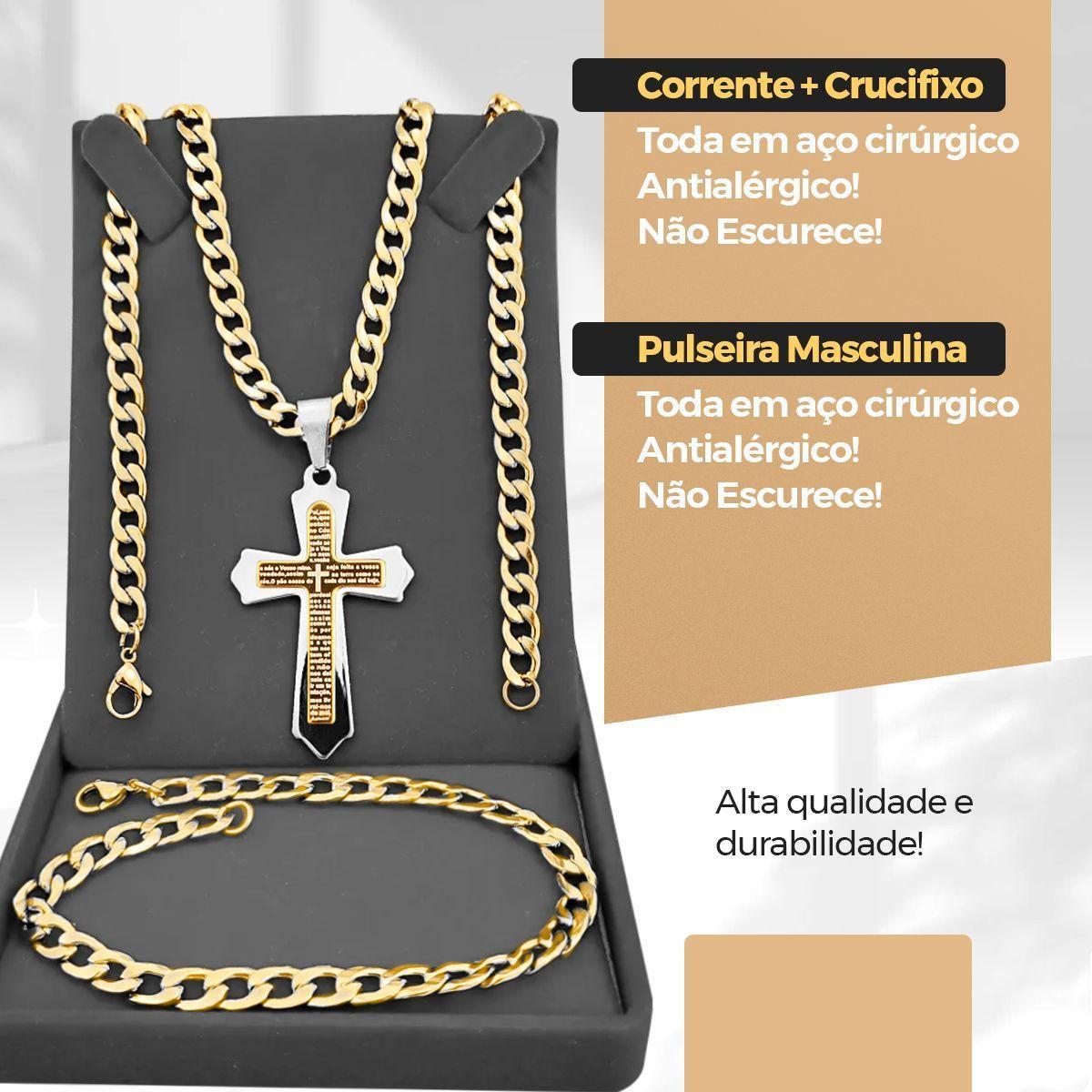 Miniatura Relogio Masculino Dourado Prova Dagua + Crucifixo + Pulseira