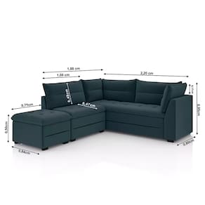 Sofá Modular de Canto 4 Lugares Luizzi Quebec com Pufe e Revestimento em Suede – 408cm de Largura Azul Petróleo
