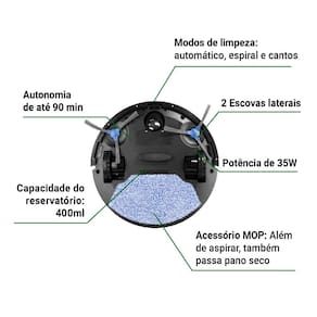 Aspirador Robô Philco PAS23 3 em 1 MOP 90min Sensor Antiqueda e Obstáculos Bivolt Preto