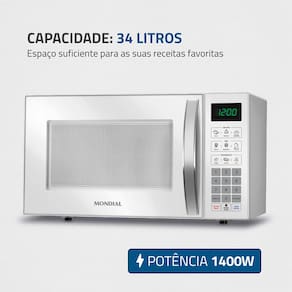 Miniatura Micro-ondas Mondial MO-02-34-W com 10 Ajustes de Potência e Função Tira Odor – 34L Branco 110V