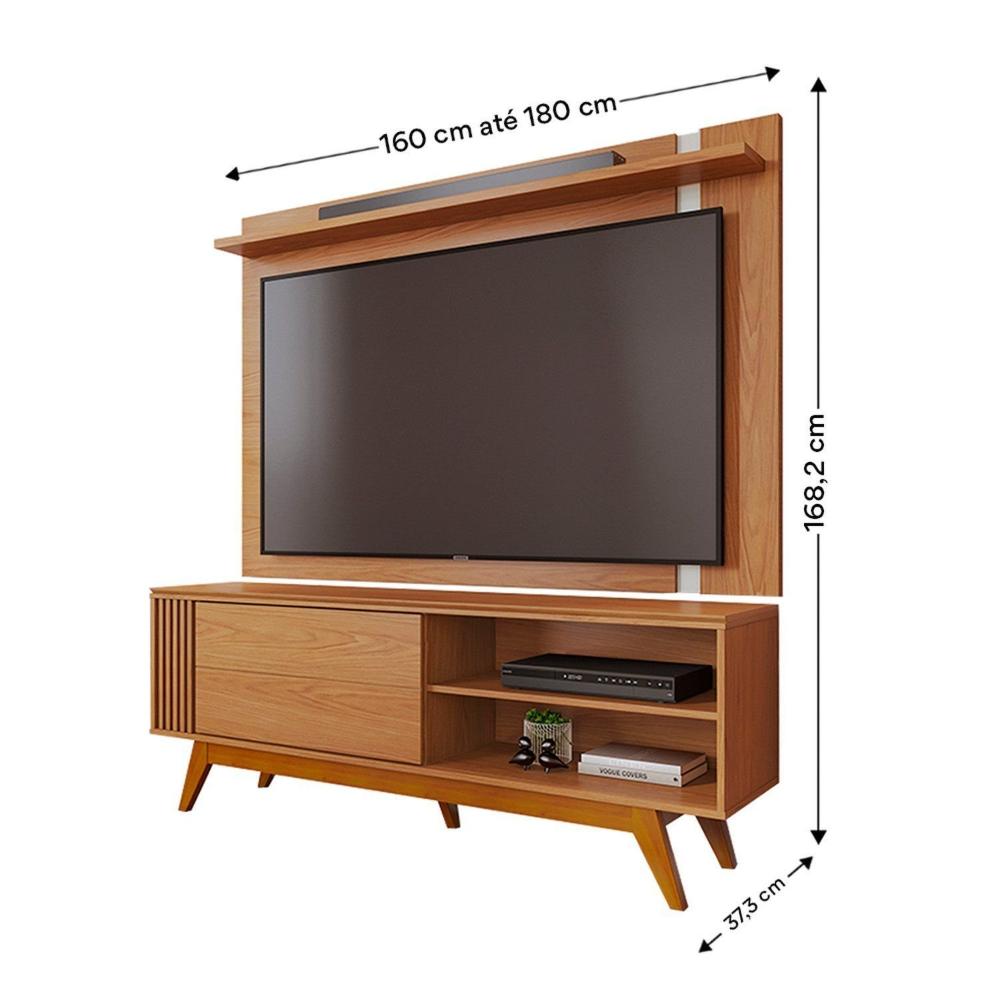 Miniatura Rack com Painel para Tv 70 Polegadas Otawa e Leme Porta Deslizante Ripado Artesanal Pés Madeira Freijó / Off White Matte