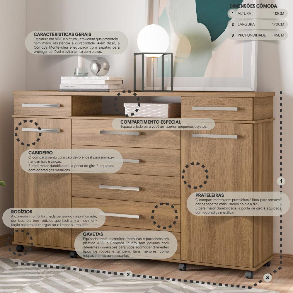 Cômoda 2 Portas 7 Gavetas Com Rodízios Cr40117 Amêndola Amêndola