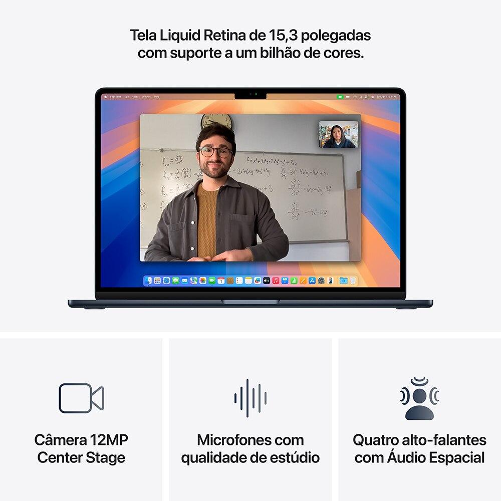 Miniatura Apple Macbook Air 15", M4,  com CPU de 10 núcleos, GPU de 10 núcleos, 16GB RAM, 256GB SSD - Meia-noite