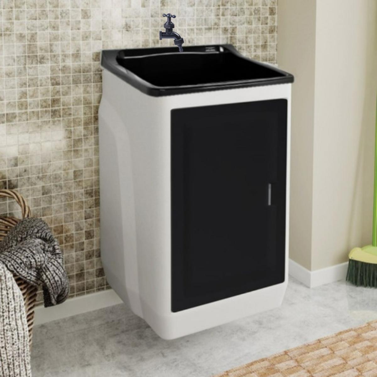Gabinete Lavanderia Tanque Preto 01 Porta + Torneira