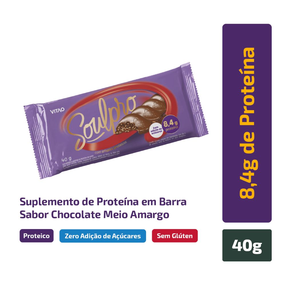 Miniatura Chocolate Vitao Soulpro com Crispies Proteicos 8,4g de Proteína Meio Amargo 40g