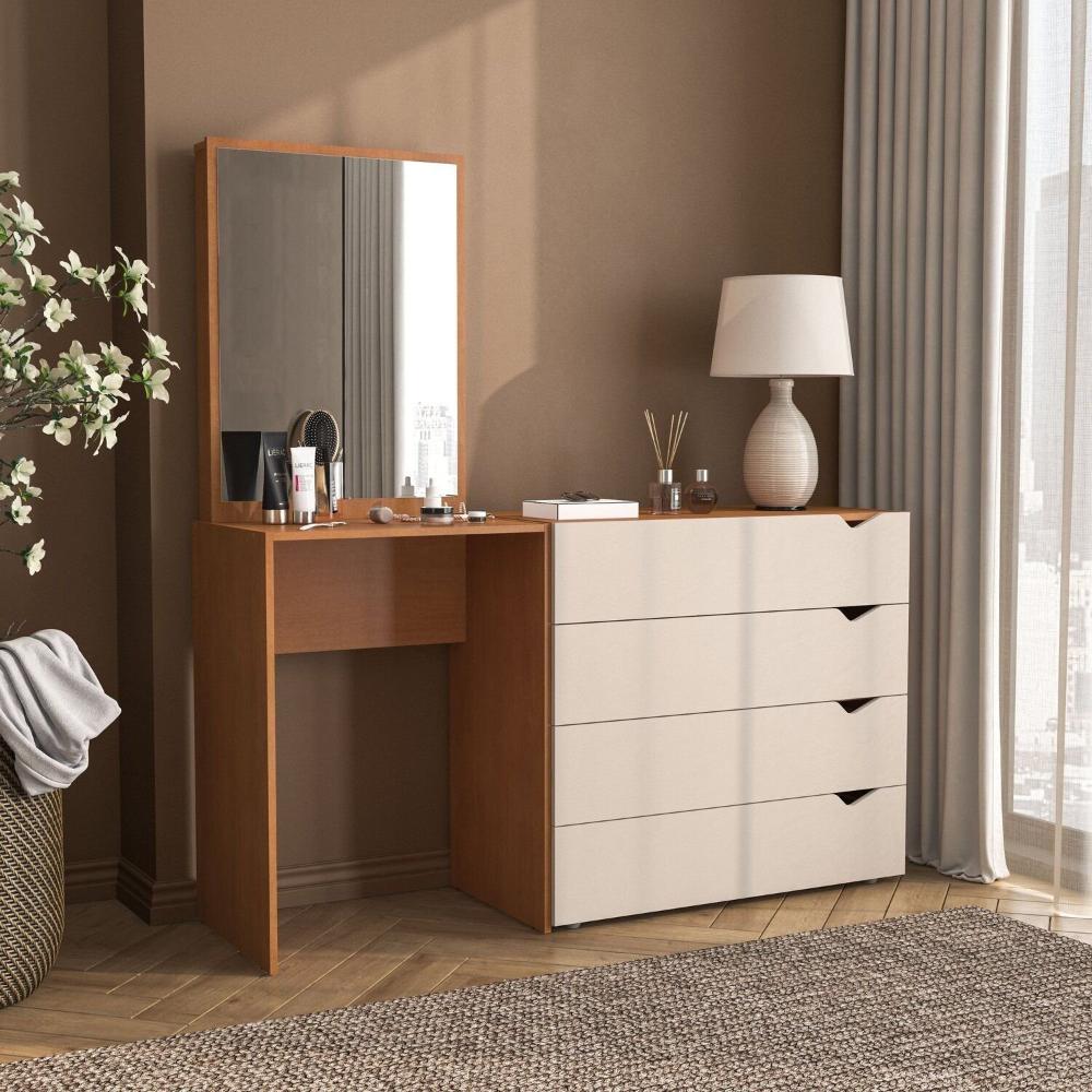 Miniatura Cômoda Penteadeira 4 Gavetas com Espelho Porto Freijo/Creme