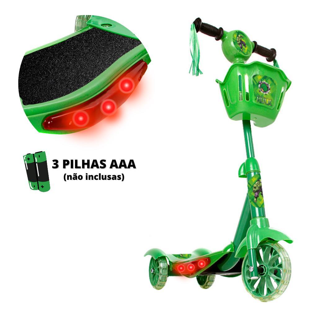 Miniatura Brinquedo Patinete Infantil Hulk 3 Rodas Com Luz E Som
