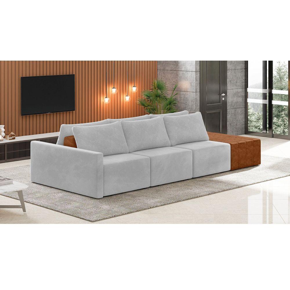 Sofá Ilha 3 Lugares Living 312cm Modulado Lary Veludo Cinza K01 - D'rossi