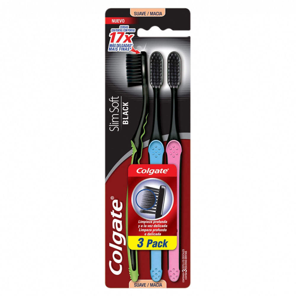 Miniatura Escova Dental Colgate Slim Soft Black Macia Cores Sortidas 3 Unidades