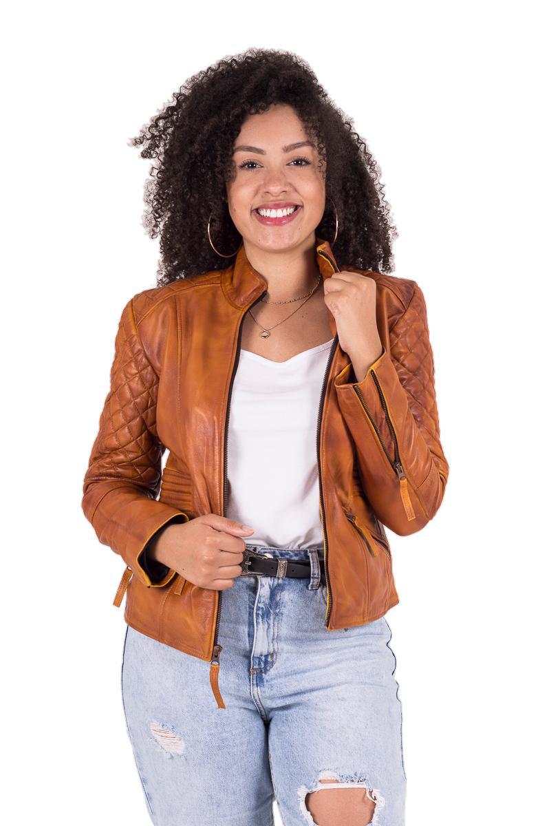 Miniatura Jaqueta Feminina De Couro Legítimo De Carneiro Caramelo P
