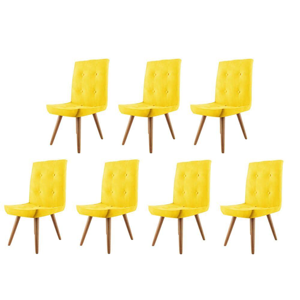 Miniatura Kit 07 Cadeira De Jantar Drop Com Botão Base Pé Palito Castanho Suede Amarelo - Amey Decor