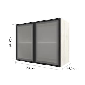 Armário Aéreo Bartira Rubi com 2 Portas de Vidro, 1 Prateleira e 80cm de Largura - Freixo/Preto Poah Rubi Freixo/Preto Poah