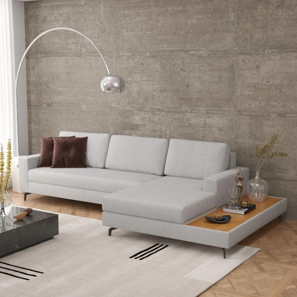 Miniatura Sofá em Linho 292cm Chaise Direito e Deck Loft Cinza