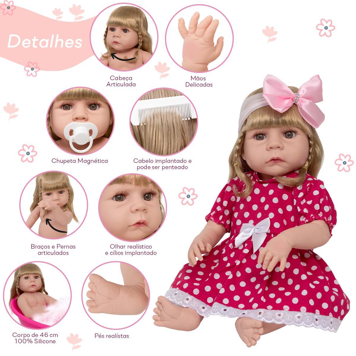 Miniatura Boneca Reborn Bebê Abigail Vestido Bolinha Rosa 13 Itens
