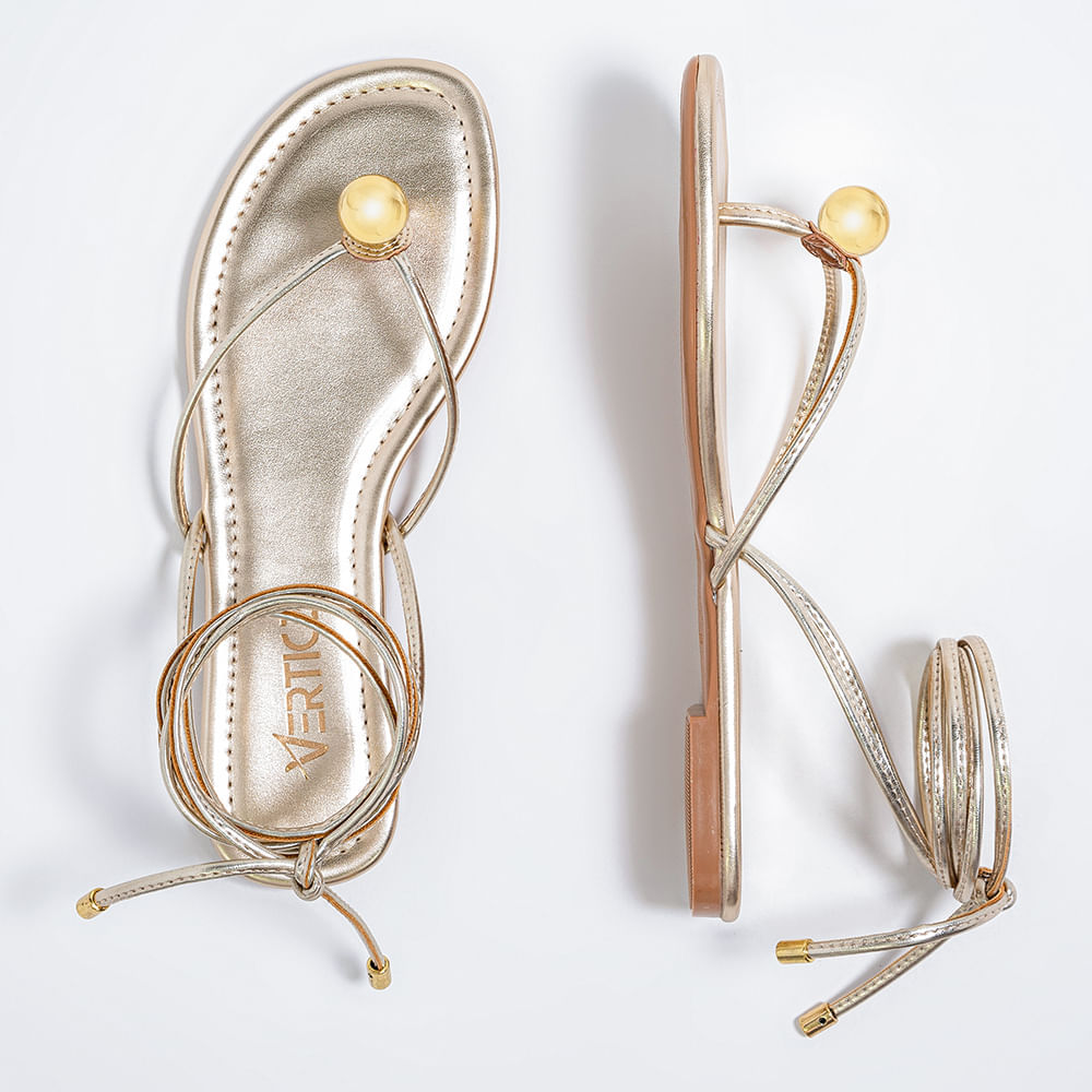 Miniatura Rasteira Flat Feminina Com Amarração E Detalhe Bola - Ouro 34