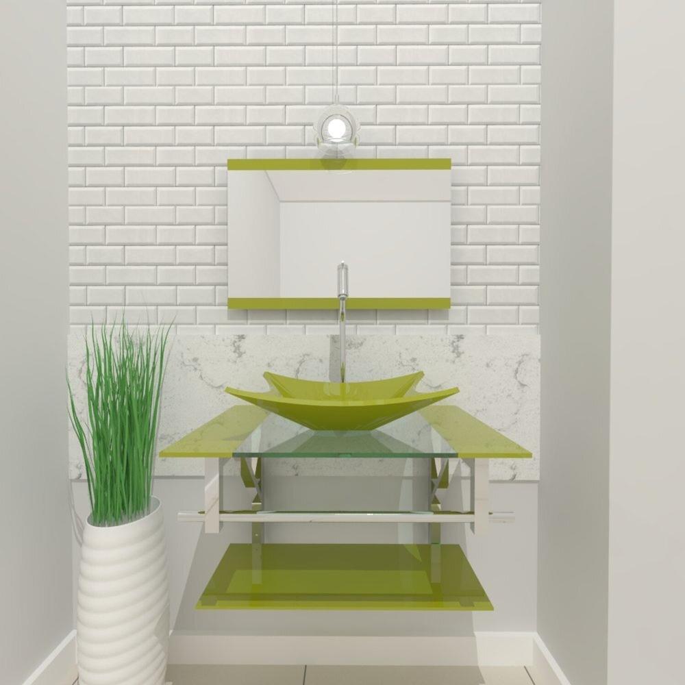 Miniatura Gabinete de Vidro 90cm Inox com Cuba Retangular Verde Oliva