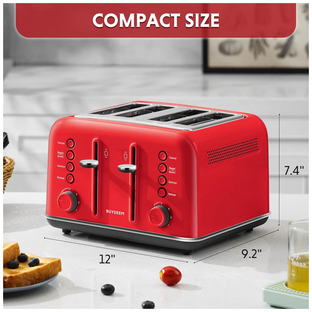 Miniatura Torradeira BUYDEEM DT640 4 Fatias, Slots Largos, Aço Inox, Alavanca Alta, Função Bagel e Muffin, Bandeja Removível - 110V