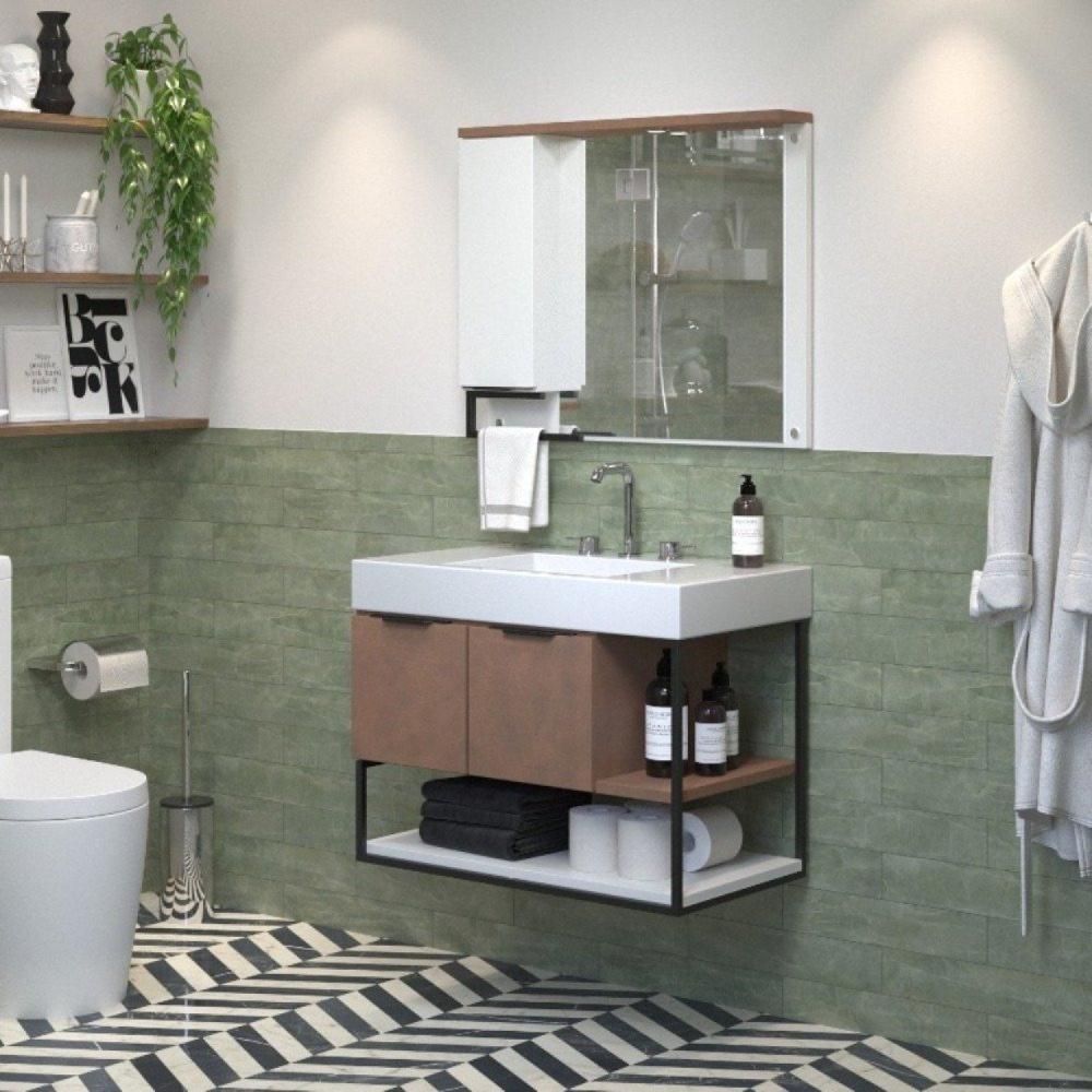 Miniatura Gabinete Suspenso 80cm com Lavatório e Espelheira com LED Chicago Berton Camelo/Branco