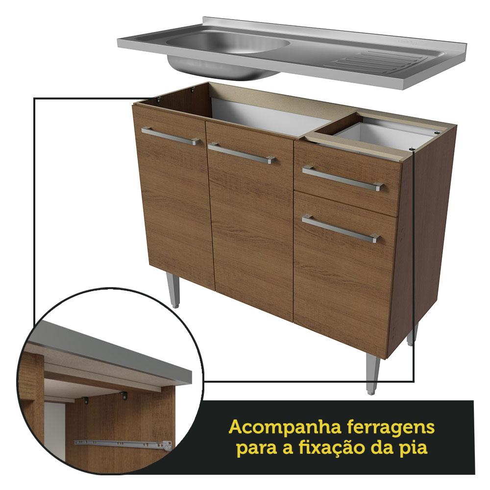 Balcão Gabinete com Pia Armário de Cozinha 3 Portas e 1 Gaveta 105cm Rustic Emilly Madesa Rustic