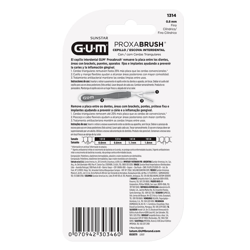 Miniatura Escova Interdental Gum Proxabrush 0,8mm Fino Cilíndro com 4 Unidades